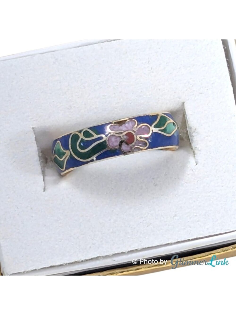 Vintage Blue Cloisonne Floral Band Ring Gold Tone Size 6.75